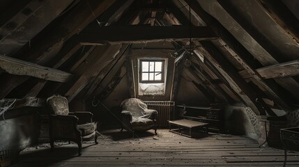 A dusty attic with an old chair covered in cobwebs.