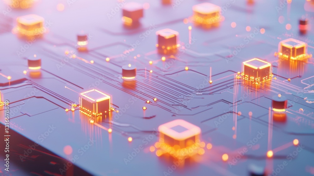 Poster a close-up view of a circuit board with luminous microchips arranged across the surface, revealing c