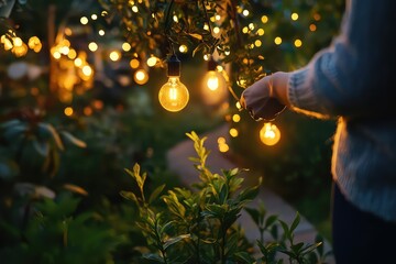 A person adjusting solar-powered garden lights for a magical backyard setting.