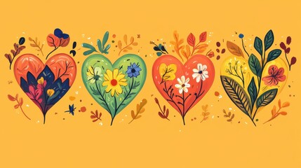Obraz premium Colorful stylized heart shapes filled with floral and leafy elements
