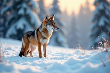 Fototapeta premium Lone coyote in snowy wilderness, winter scene, hunting, winter scene, isolated