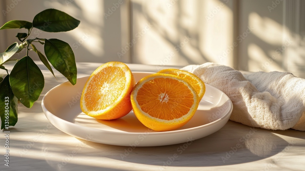 Poster sliced oranges on plate with sunlight.