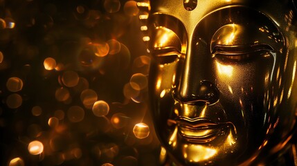 Obraz premium A close up of a golden Buddha statue with a blurred background of bokeh lights.
