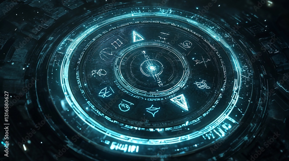 Poster illuminated futuristic circular device with glyphs rotating in a technological interior