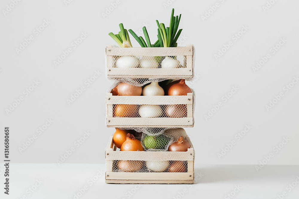 Poster three wooden crates filled with assorted onions and green onions create a striking, minimalist compo