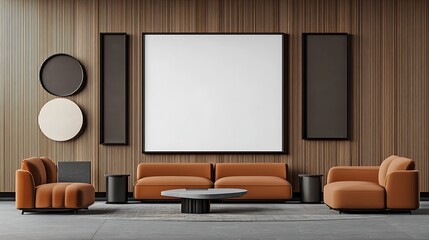 Modern Living Room Interior Design: 3D Render with Orange Sofa and Wooden Wall AI Generated