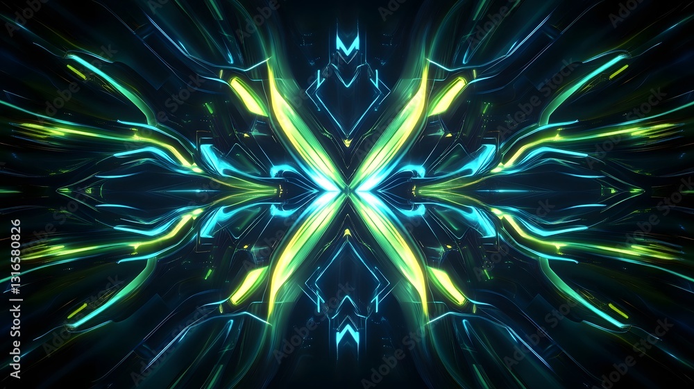 Poster Mesmerizing kaleidoscopic eruption of luminous digital fractals geometric patterns and vibrant neon lights in a futuristic sci fi inspired abstract composition  Captivating and visually stunning