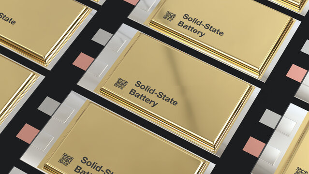 solid state batteries, Next Generation SSB pouch cell solid-state electric vehicle battery, High Energy Density Energy storage, production accumulator cell modules automotive manufacture, 3d render