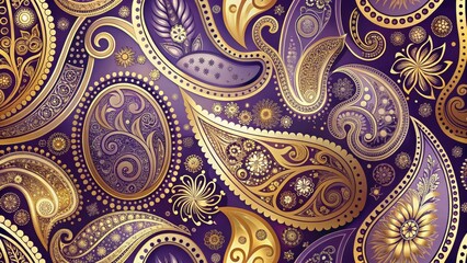 Opulent Purple and Gold Paisley Design A Luxurious Textile Pattern Featuring Intricate Floral and Swirling Motifs