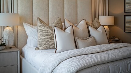 Luxurious bedroom with layered pillows and bedding
