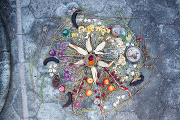 Offering with decorations and food for the day of the dead in the streets of the city of Oaxaca in...
