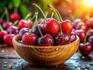 Macro photography reveals vibrant red cherries, glistening with juicy perfection, nestled in a bowl.