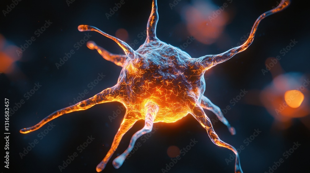 Poster intricate rendering of a neuron showcasing its structure and connections in a vibrant digital art st