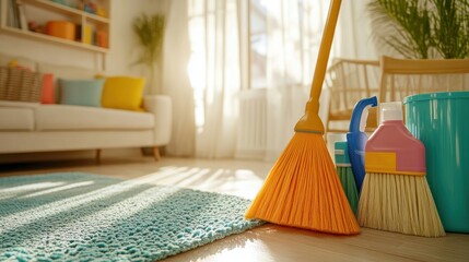 Cleaning supplies in living room, sunlight