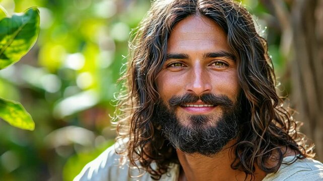 Jesus Christ standing at fruitful fig tree with bright sunlight	
