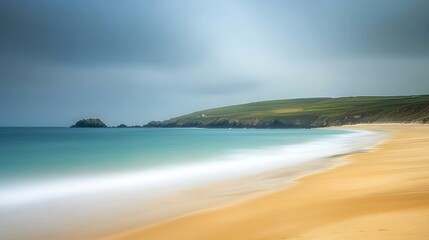 Serene coastal landscape with sandy beach, gentle waves, and green hills under a cloudy sky.