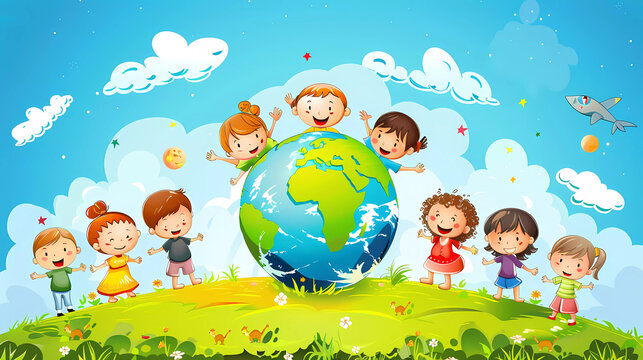Vector cartoon illustration of group of children holding hand around the Globe. ,Earth day concept.