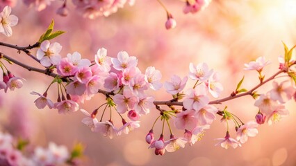Obraz premium A delicate branch adorned with a profusion of soft pink blossoms, bathed in the warm glow of the setting sun, creating a serene and beautiful springtime scene.