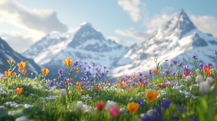 Obraz premium Vibrant wildflowers bloom in a lush meadow with snow-capped mountains in the background.