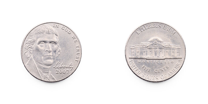 Motivseite und Wertseite einer amerikanischen ein Cent Münze mit Thomas Jefferson nach vorne blickend und dem Prägedatum 2007.