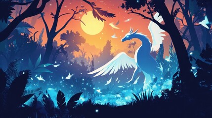A magical blue dragon with wings within a forest setting