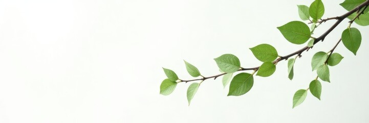 Delicate branches with soft green leaves on a crisp white background, minimalist, isolated branches