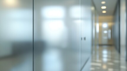 A blurred view of a modern office corridor with glass partitions