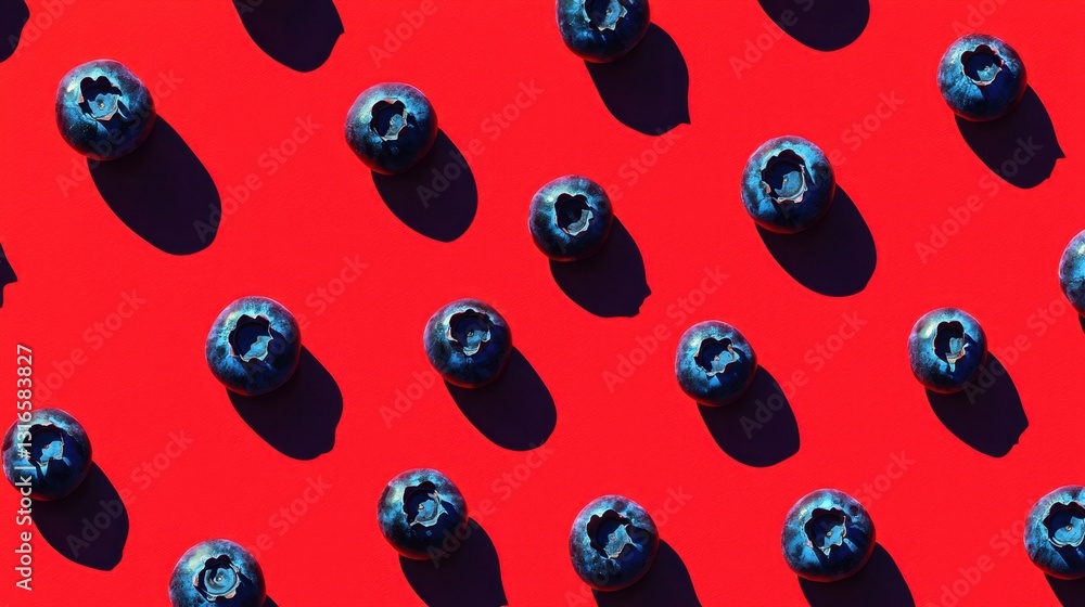Poster blueberries are neatly placed on a bold red surface, creating a striking visual contrast. the arrang