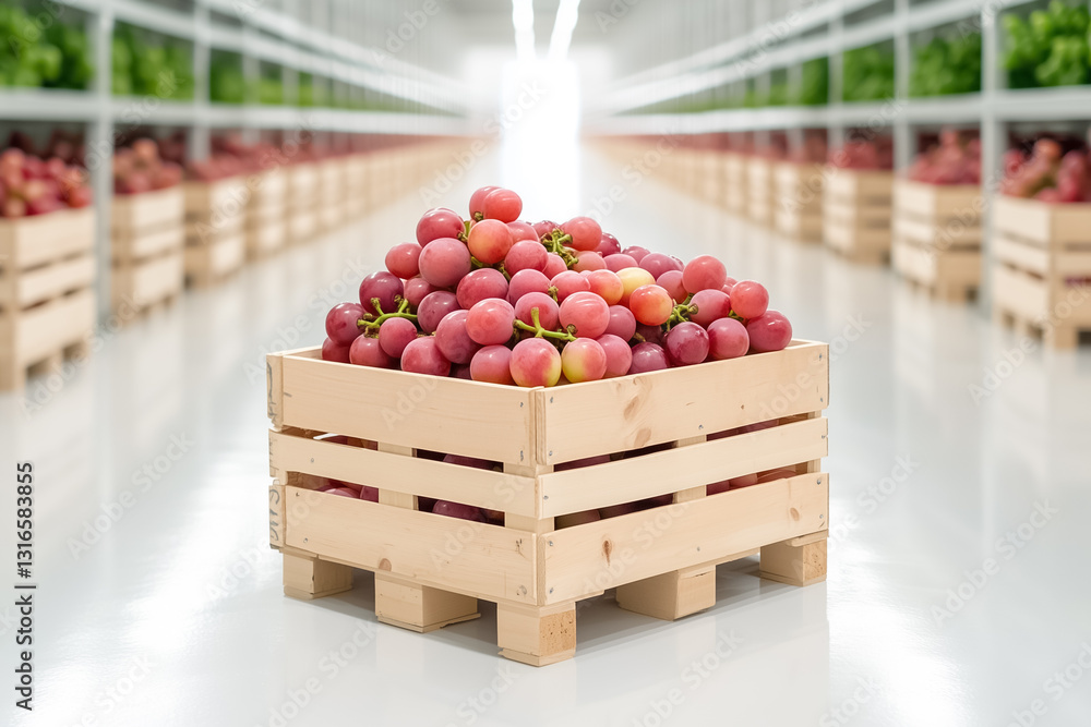 Poster bright white light highlights the organized grape crates in a cold storage room, showcasing an atmos