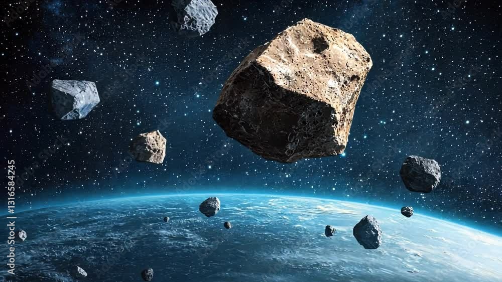 Poster vast cosmic scene featuring asteroids floating above a beautifully detailed earth surrounded by star