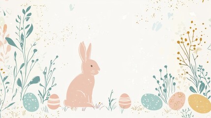 Obraz premium A soft pastel illustration features a charming rabbit sitting beside colorful Easter eggs. Surrounding flora adds a festive touch, celebrating the arrival of spring and Easter festivities.