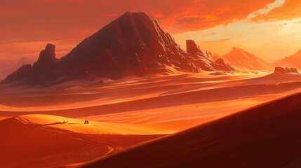 Naklejka premium Fiery sunset over desert landscape with mountain range and figures on path.