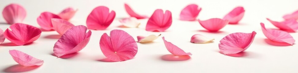 Naklejka premium Freshly picked flower petals scattered on white background, soft, texture, nature