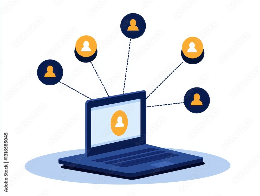 Poster illustration of a laptop connecting to multiple user profiles in a digital network