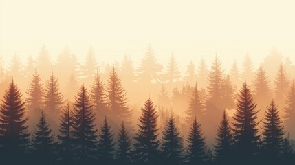 Soft morning light filters through dense evergreen trees in a tranquil forest. A mystical fog hovers over the landscape, creating a serene atmosphere.