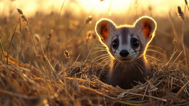 Cute weasel pup in golden grass at sunrise.  Possible use Nature photography