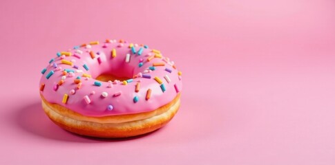 Single pink donut, rainbow sprinkles, pastel pink backdrop, treat, icing