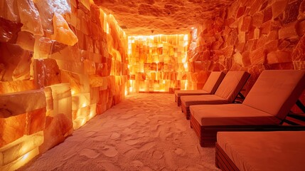 A salt therapy room with a wall made of pink Himalayan salt bricks.