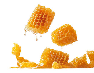 Sweet Honeycombs with honey drops falling isolated on transparent background