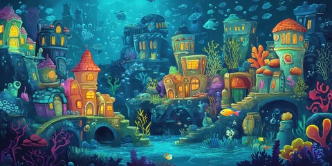 Obraz premium Colorful Underwater City Displaying Whimsical Architecture Structures and Marine Life