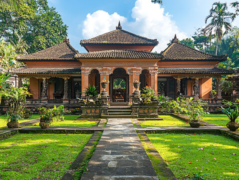 Ornate Balinese building with terracotta roof tiles set amidst a lush green garden under a partly cloudy sky.