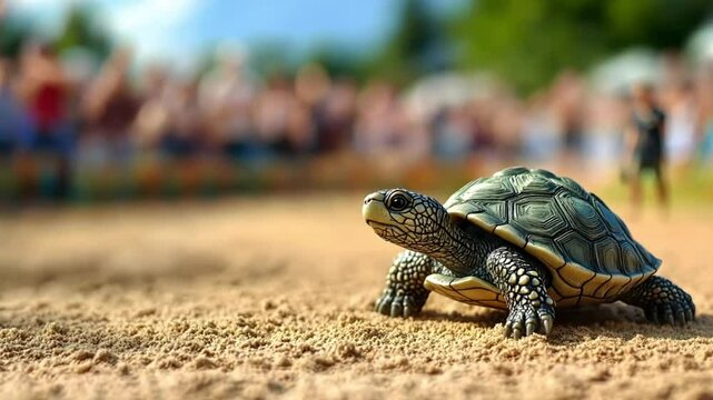 Small turtle racing, crowd watching, sunny day, outdoors, nature, competition