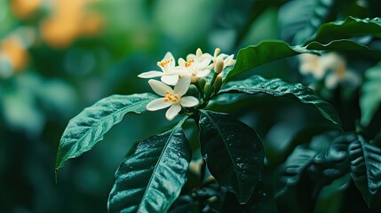 Obraz premium Exquisite coffee blossom cluster amongst lush green leaves macro photography