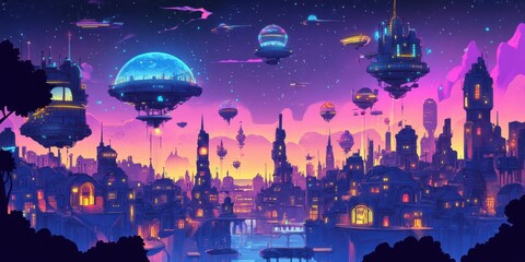 Obraz premium A futuristic cityscape with flying vehicles and colorful skies