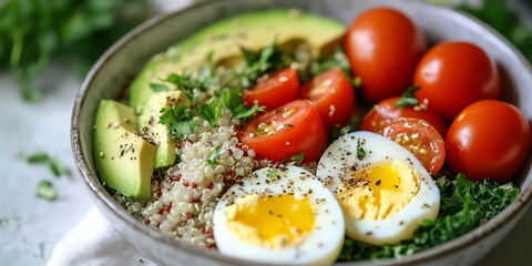 a bowl of food with a egg and avocado