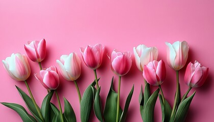 Naklejka premium Elegant arrangement of pink and white tulips on a light pink background, perfect for springtime celebrations, Mother's Day, or floral decor applications.