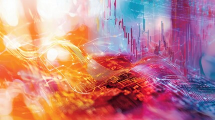 Bright colors and dynamic patterns illustrate the complexity of data analysis and financial markets. Graphs and lines represent fluctuations over time in this modern digital environment.