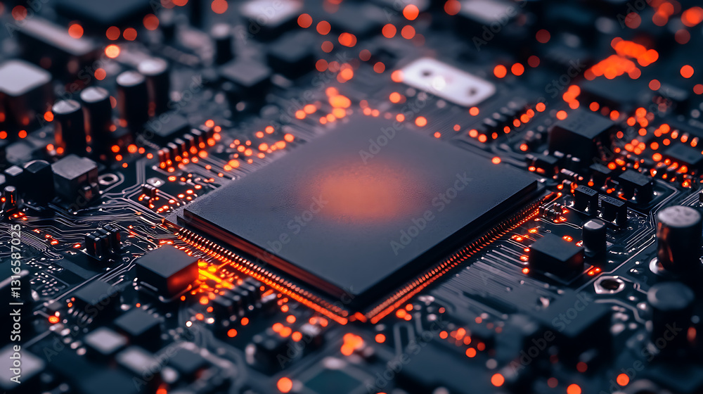 Poster a glowing close-up of a circuit board with soldering points showing futuristic technology innovation