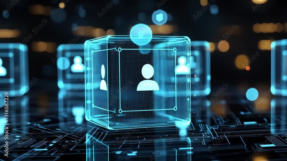 Poster digital human icons in transparent cubes with technology elements for abstract themes of data privac