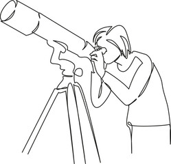 One continuous single drawing line art flat doodle woman astronomy telescope exploration astronomer science scientist. Isolated image hand draw contour on a white background, hand drawn, not AI © nasharaga